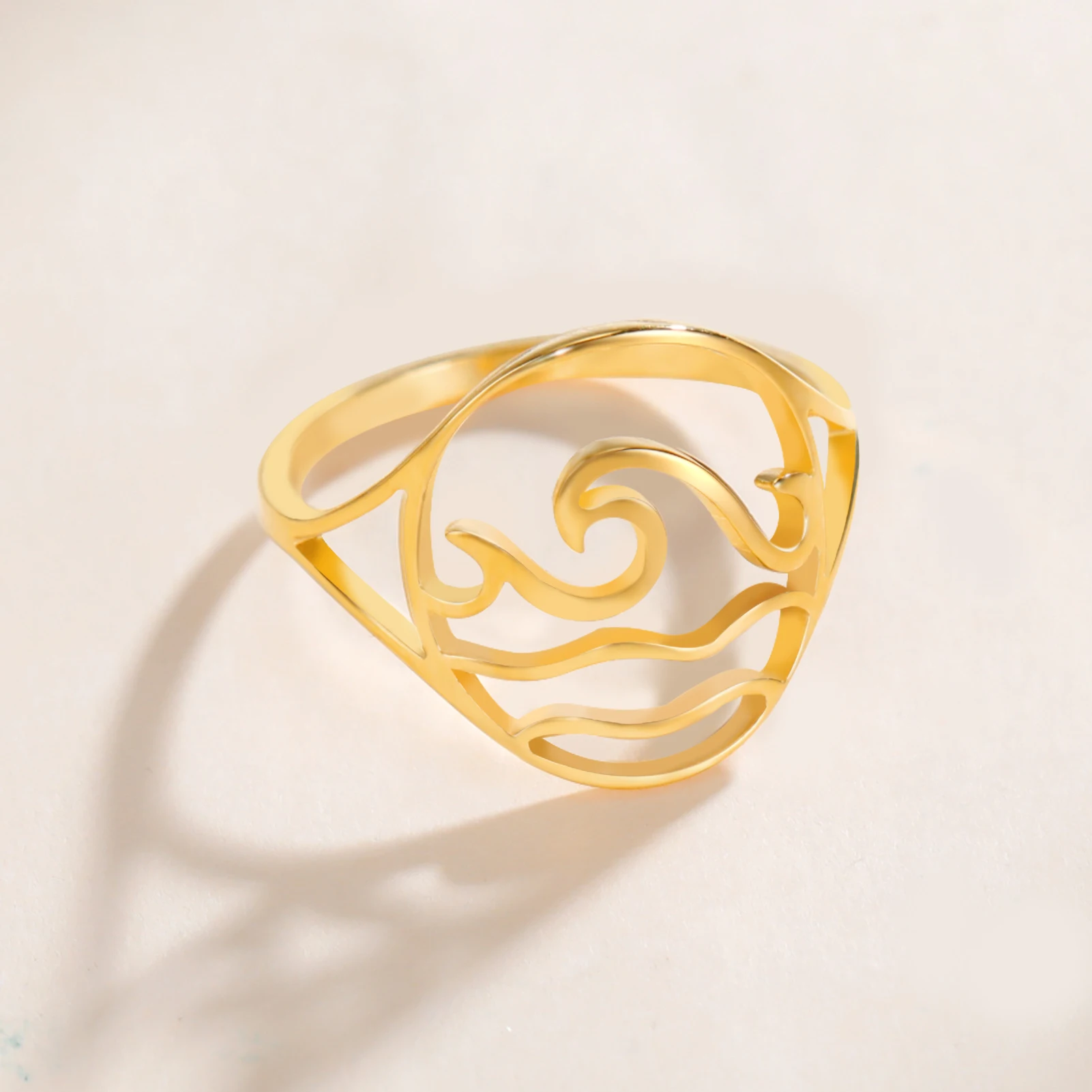 Lucktune Einfache Meereswellen-Ringe für Frauen, Edelstahl, trendige geometrische Ozean-Surf-Fingerringe, Schmuck, Hochzeit, Muttergeschenke – Detail 14