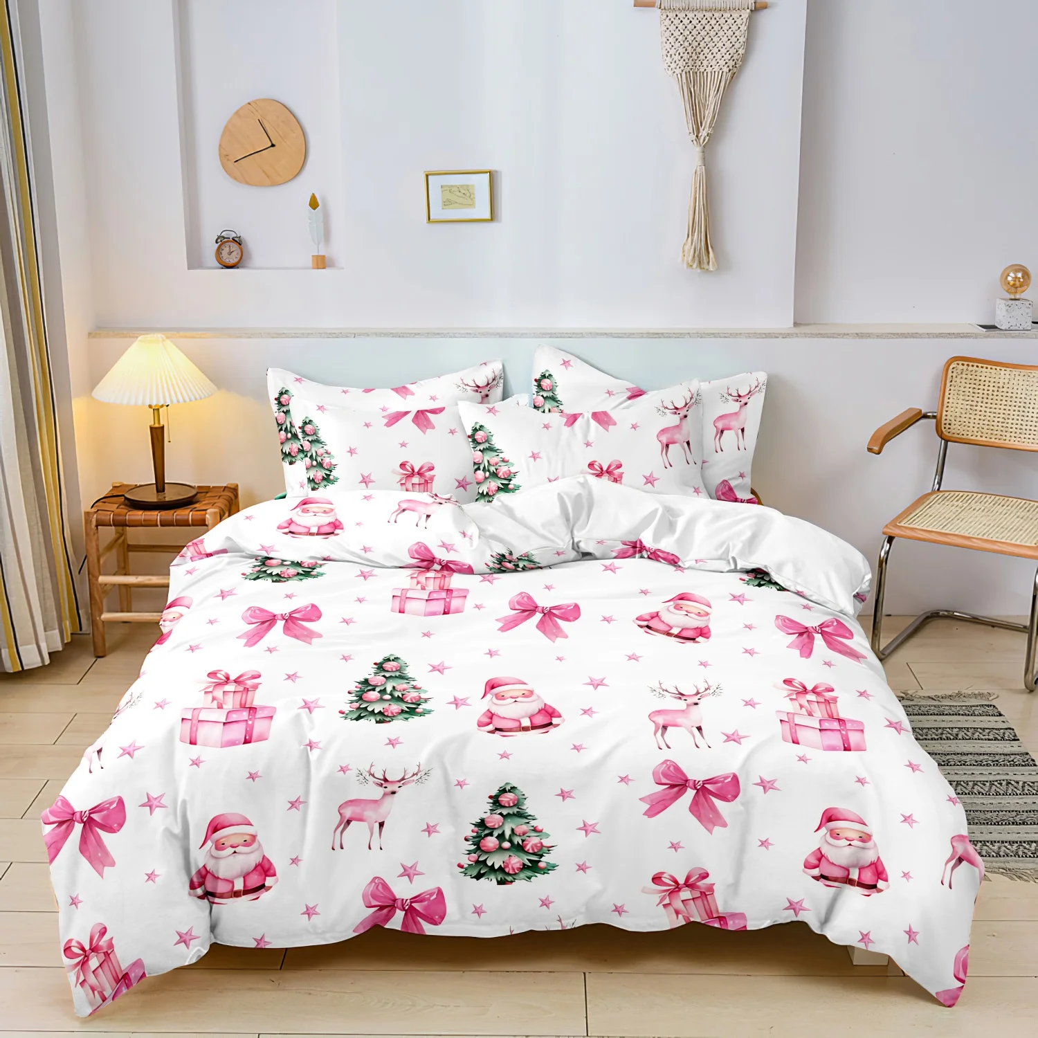 3Pcs Pink Christmas Duvet Cover Set, White Santa Reindeer Bow Gift Box Xmas Tree Print Bedding,Cute Winter Holiday Bedroom Decor