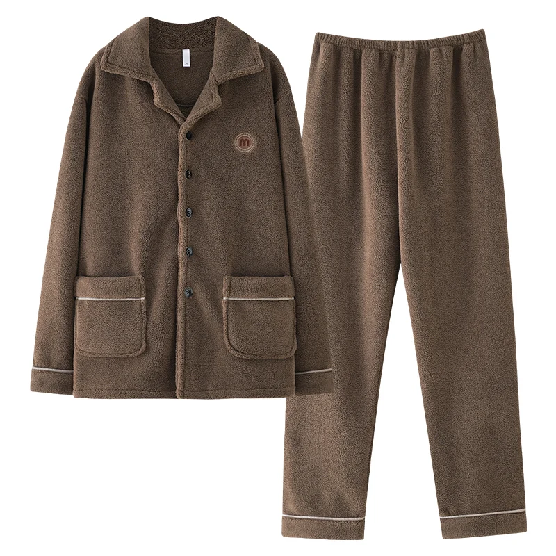 厚いサンゴフリースメンズパジャマセット秋冬プラスベルベット厚みのある長袖パジャマボタンナイトガウン暖かいラウンジウェア