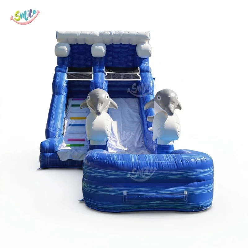 Commercial Grade Inflatable Dolphin Water Slide Dual Lane with Splash Pool for Party Rental