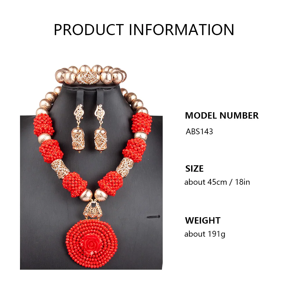 New Red Crystal Big Flower Pendant African Beads Jewelry Set Nigerian Wedding Statement Necklace Set ABG226