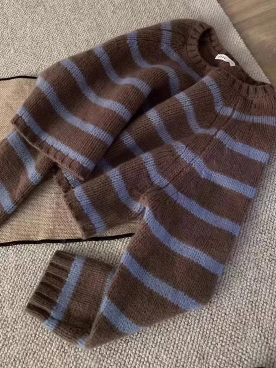 

Blue Striped Short Knit Sweater Women's Autumn Winter New Style Retro Pullover Top Korean Style round Neck Large Size Clothes