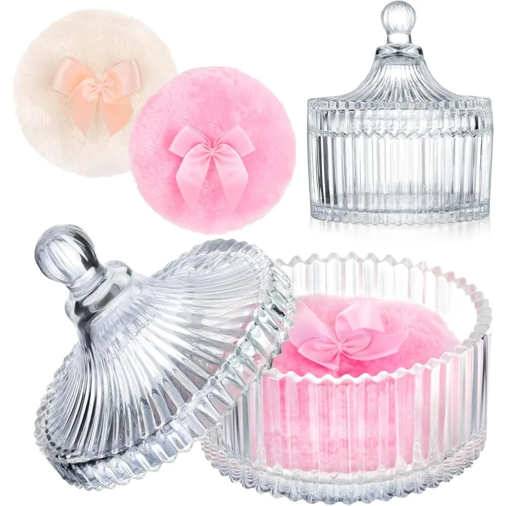 3PCS Makeup Organizer Set Velvet Powder Puff with Glass Storage Box Reusable Washable Beauty Tool Complete Christmas Gift