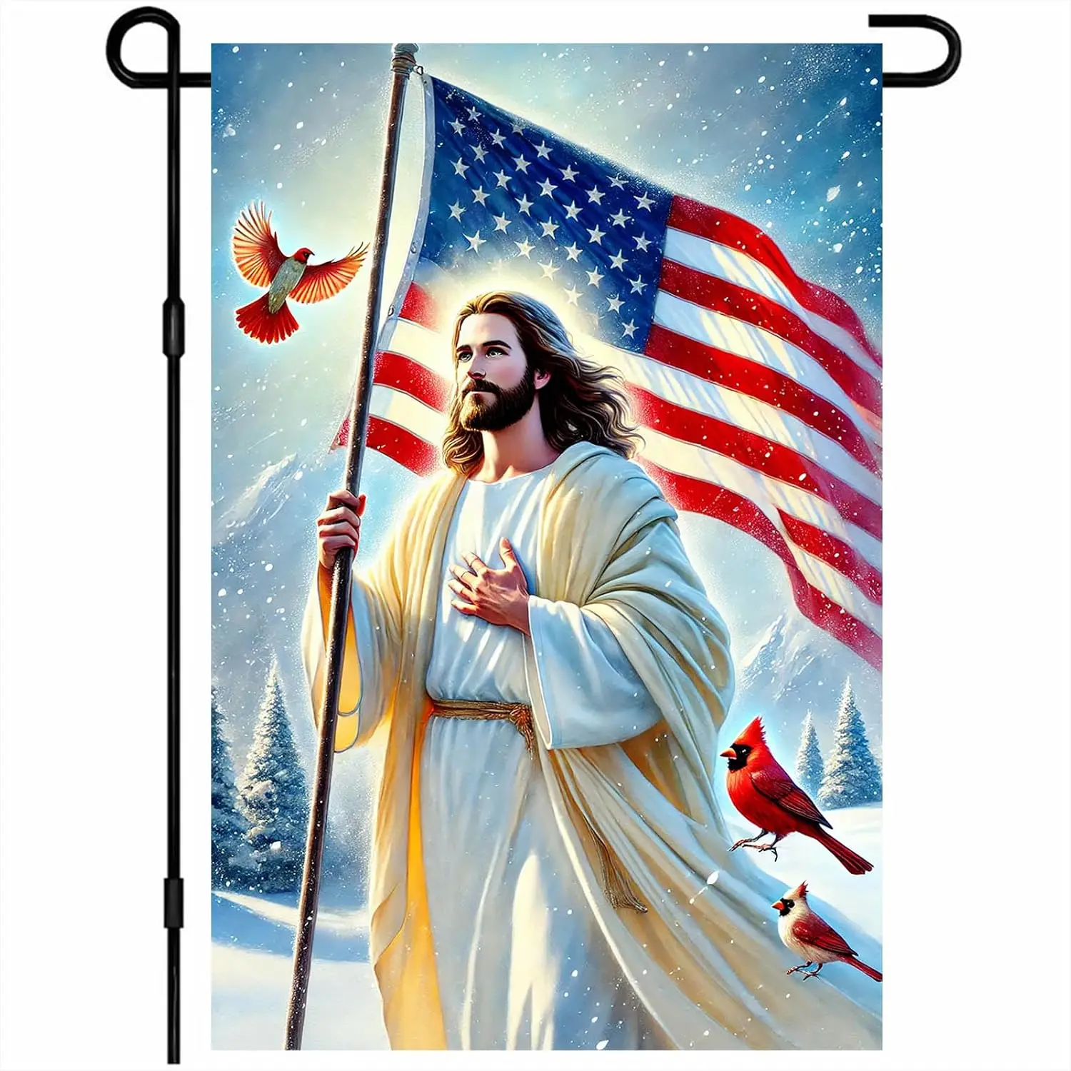 BlissYard Patriotic Winter Garden Flag 12x18 Inch Reverent Robed Figure Holding American Flag Snowy Mountain Cardinal Scene  llz
