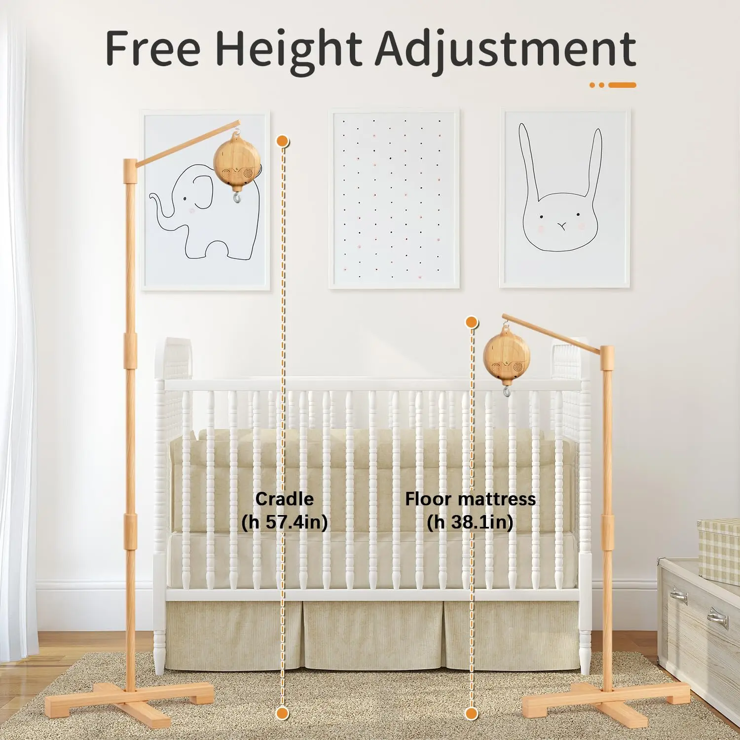 Bras Mobile pour berceau de bébé avec boîte à musique, support en bois réglable pour décoration de pépinière et mobiles de bricolage