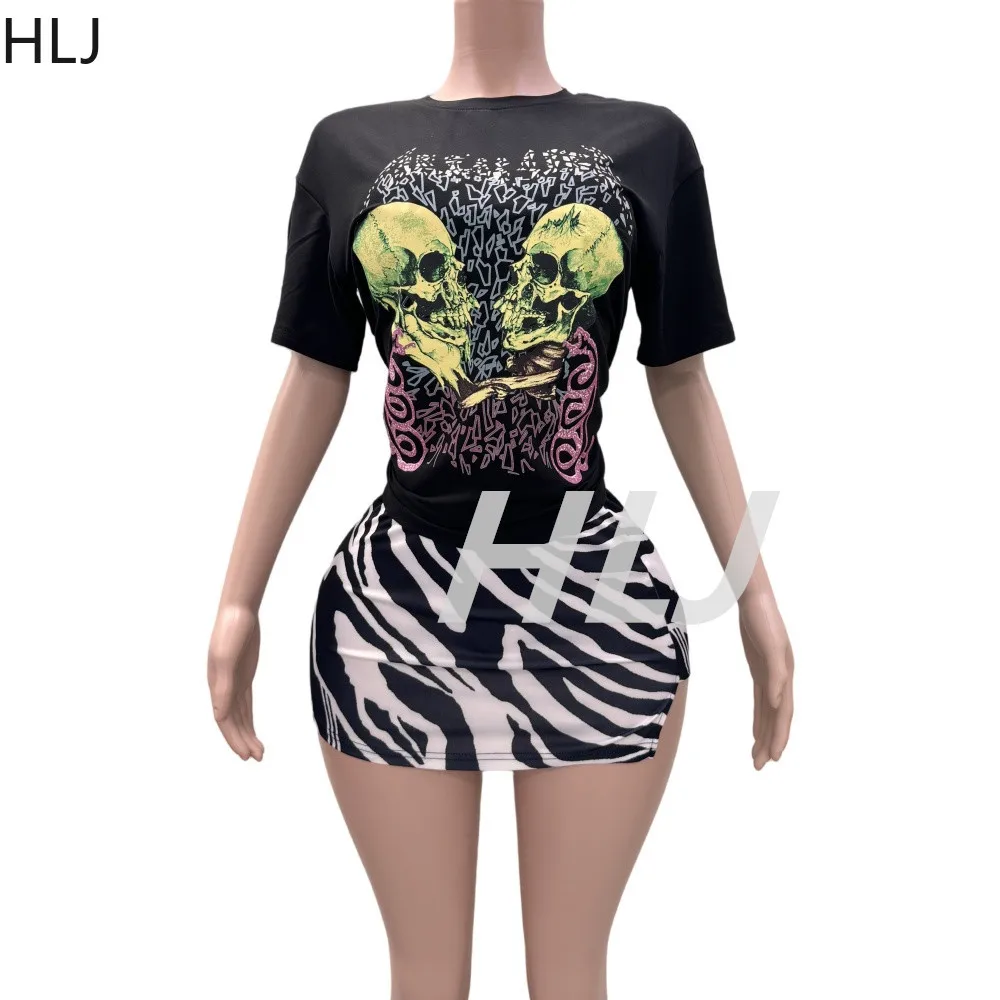 HLJ Pattern Printing Y2K Mini Skirts Two Piece Sets Women Round Neck Short Sleeve Top And Skirts Outfit Fashion Trend Streetwear