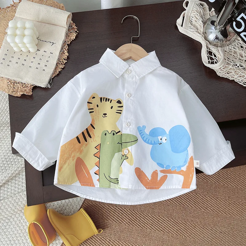 

Double Elephant Shirt Children Cute Cartoon AnimalinsBoys' Windbreaker Shirt Fresh White Printed Children's Clothing