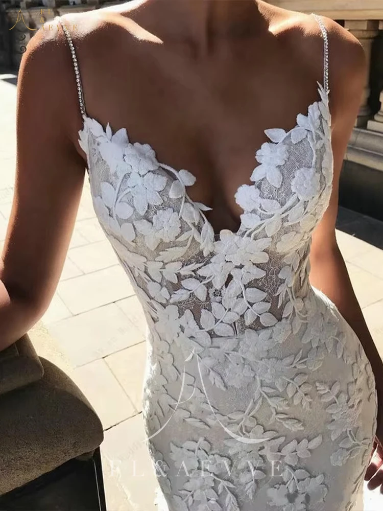 FL & AEVVE فساتين زفاف بأشرطة سباغيتي دانتيل مخصصة فستان زفاف حورية البحر مزين بفساتين العروس على الشاطئ Vestido De Noiva