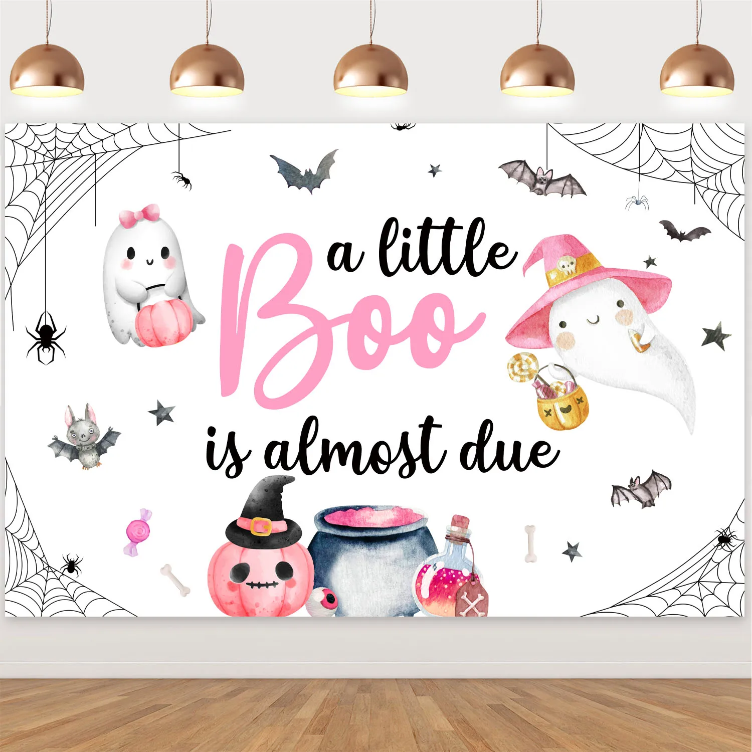 

Halloween Spooky Backdrop for Baby Shower, Pink Pumpkin Ghost Bat, Our Little Boo Is Just Due Party Decorations, Photo Booth