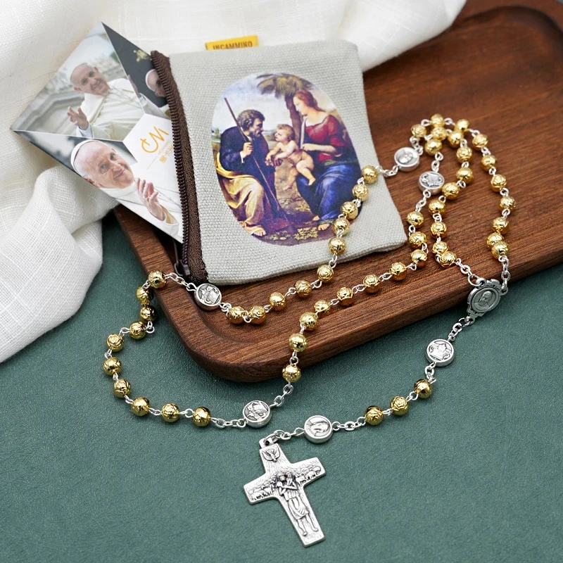 

Good Shepherd Cross Pendant Necklace Catholic Rosary Christian Religious Cross Gold Plated Alloy Beads Exorcism Vintage Jewelry