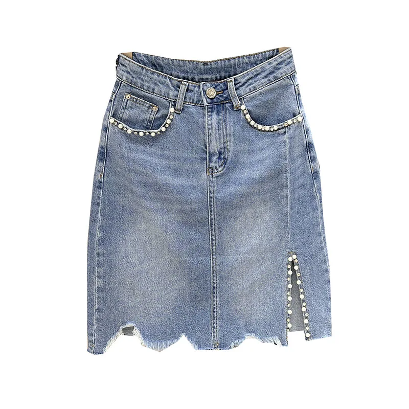 Women Beading Denim Skirt Fashion Irregular Ragged Edge High Waist Wrapped Hip Skirt Summer Large Size Female Short Skirt