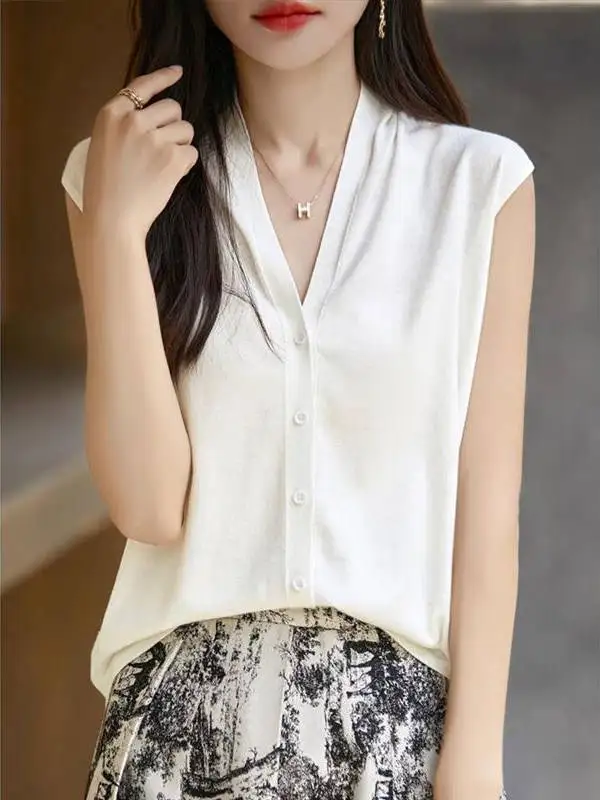 

Spring Summer New Sle Thin ey V-Ne Knitted Vest Cardigan Women's Outerwear Svel oulder Pad Chinese Brand T-irt