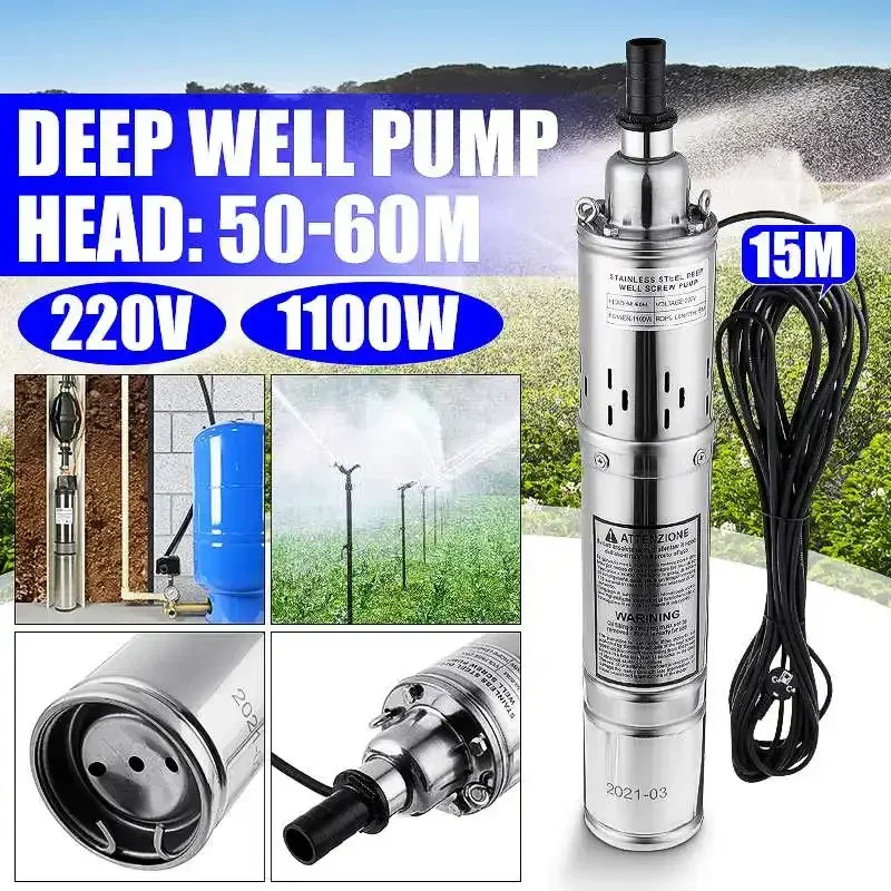 1100W 220V Stainless Steel Solar Water Pump High Lift 60m Submersible Deep Well Pump for Garden Home Agricultural Irrigation