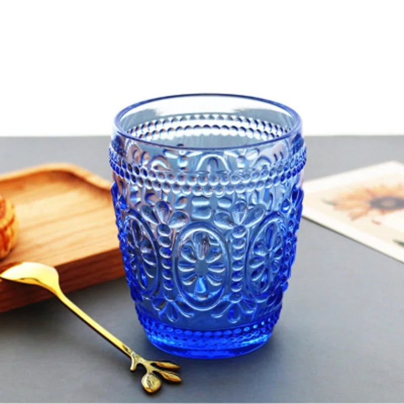 Embossed Vintage Stemless Glass Tumbler Cup, Wine Water and Juice