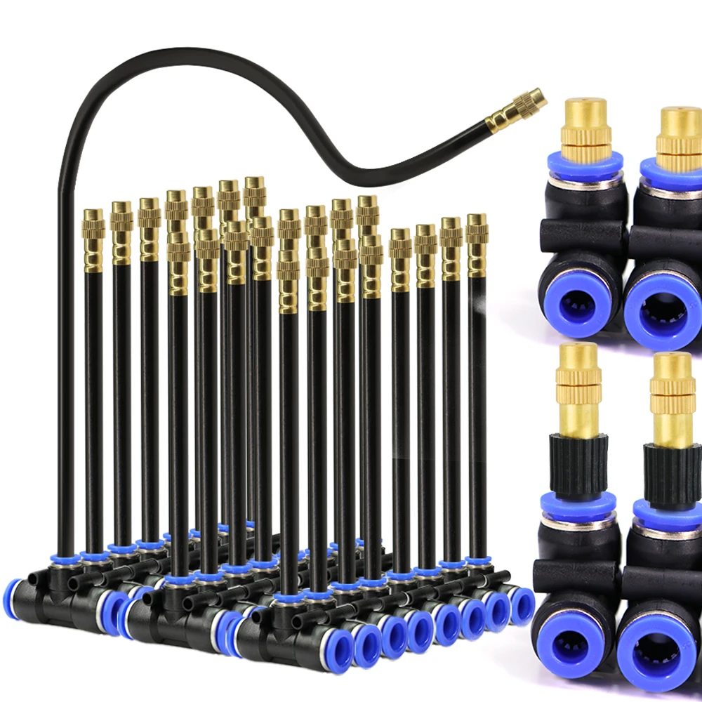 5PC Adjustable Brass Misting Nozzle with Tee Quick Connector for OD-8mm OD-12mmPE Hose Sprayer Garden Plants Atomizing Sprinkler