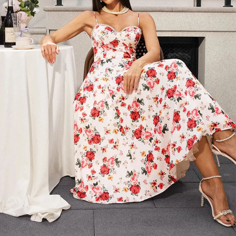 

Elegant High Waist Sleeveless Party Pleated Dress Casual Tube Top Chiffon Dress New Off Shoulder Floral Printed Suspender Dress