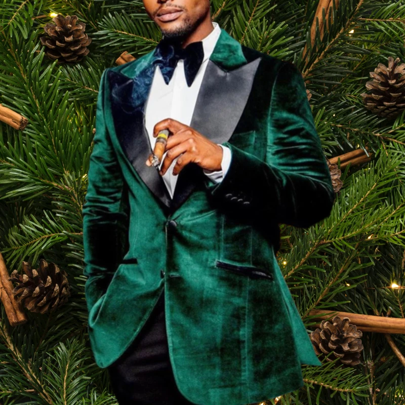 Heren Fluwelen Casual Blazer voor Kerstfeest Mannen Jasje Tailored Fit Single Breasted Twee knoppen Groene Blazer 2025