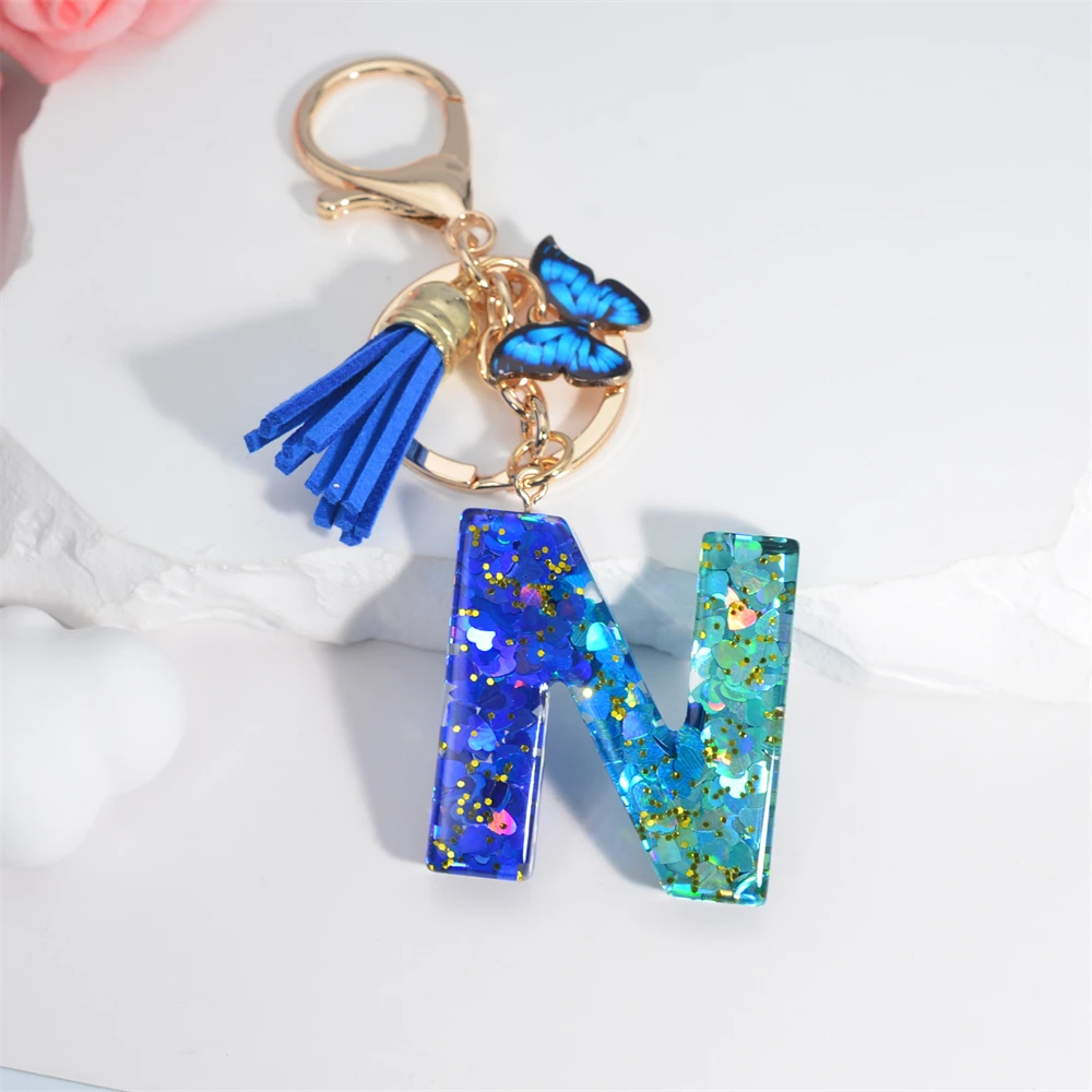 Schlüsselanhänger mit 26 englischen Alphabet-Buchstaben, Quasten, Kristall, Acryl, Schmetterling, Anhänger, Schlüsselanhänger, Geschenk, Modeschmuck, Accessoires