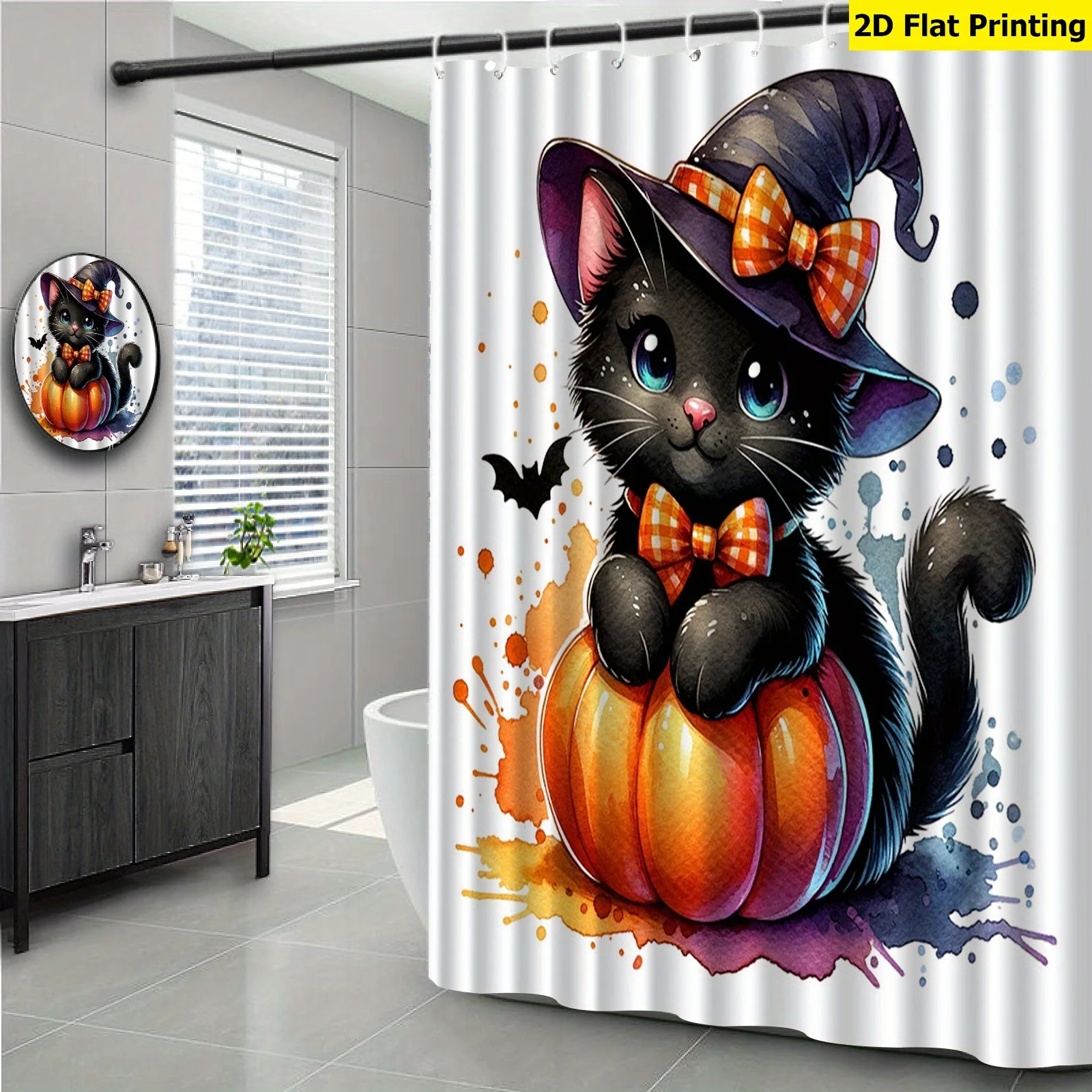 Cute Witch Cat Pumpkin Shower Curtain, Halloween Bat Pattern, Watercolor Ink Splatter, Washable Bathroom Partition Curtain
