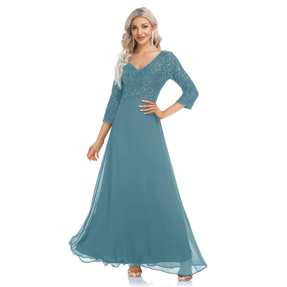 2024 elegante Pailletten Langarm formelle Abendkleid Chiffon blau A-Linie V-Ausschnitt Hochzeits feier Abschluss Abschluss Abschluss ball Kleid für Frauen