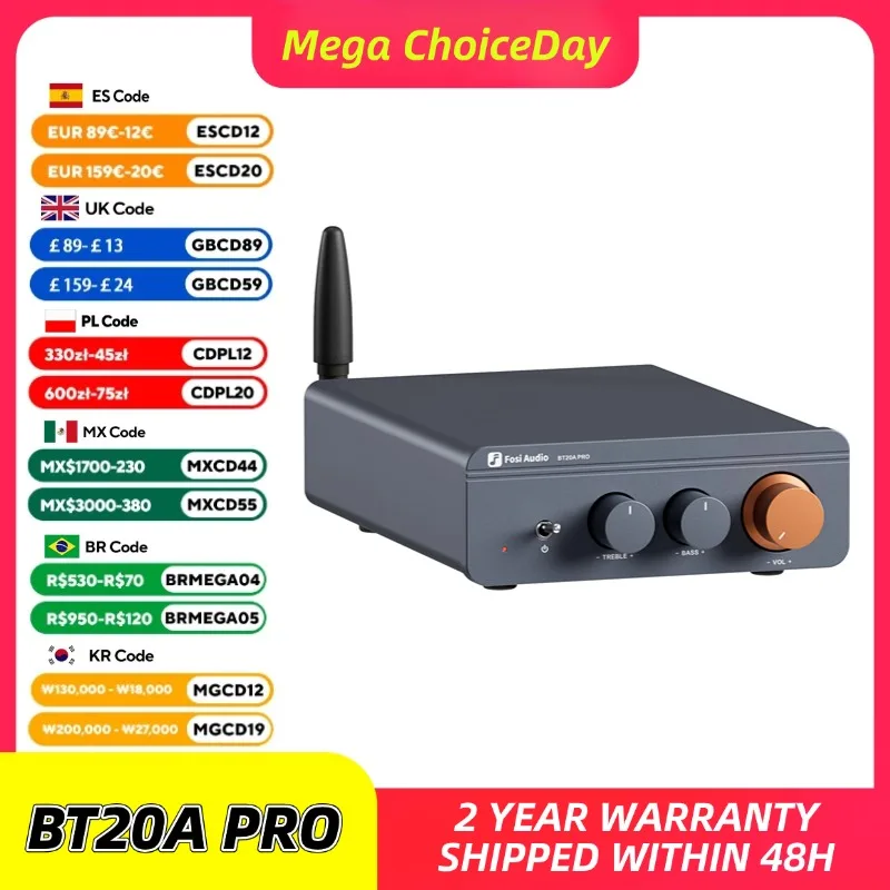 Fosi Audio BT20A Pro TPA3255 Wzmacniacz mocy dźwięku Bluetooth 300W x2 Mini HiFi Stereo Class D Amp Bass Treble do kina domowego