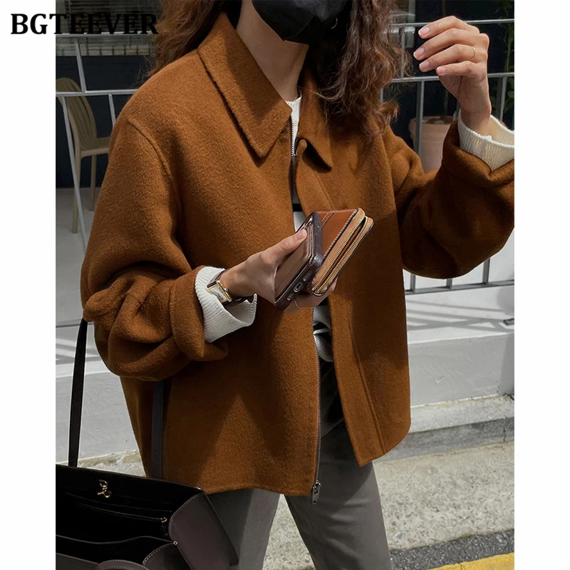 BGTEEVER Chic Autumn Winter Vintage Loose Zipper Up Ladies Woolen Jackets Stylish Long Sleeve Warm Loose Female Blend Coats