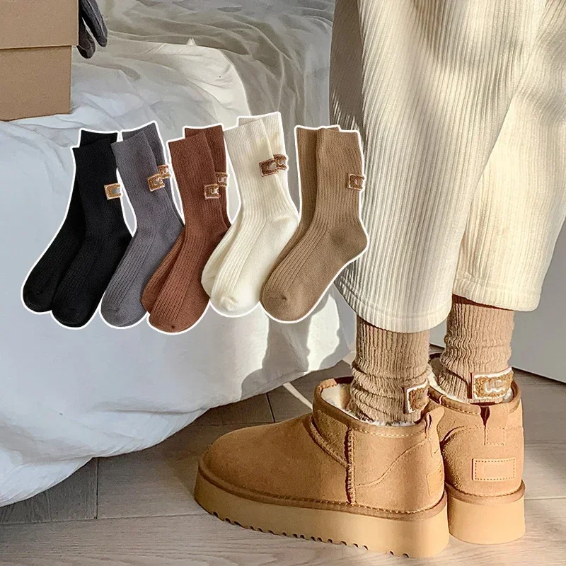 Ins Middle Tube Mid-Tube Socks Keep Warm Knitted Snow Boot Socks Solid Color Heel Furry Label Women Socks Winter