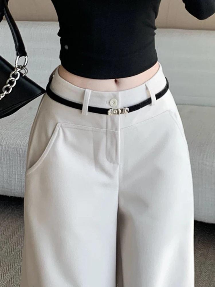 Woolen casual pants women autumn and winter high waisted versatile loose straight leg narrow version floor length pants