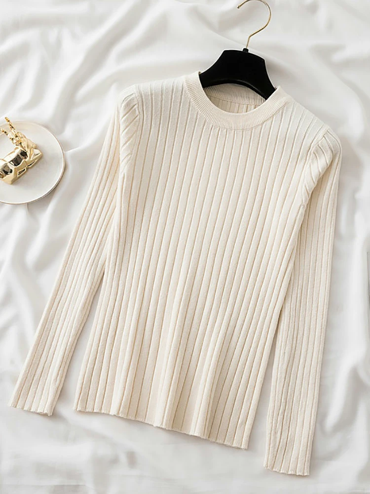 Women Pullovers Sweaters Knit Soft Jumper tops New Autumn Winter Tops O-Neck Ribbed Long Sleeve Korean Slim-fit Female Sweater