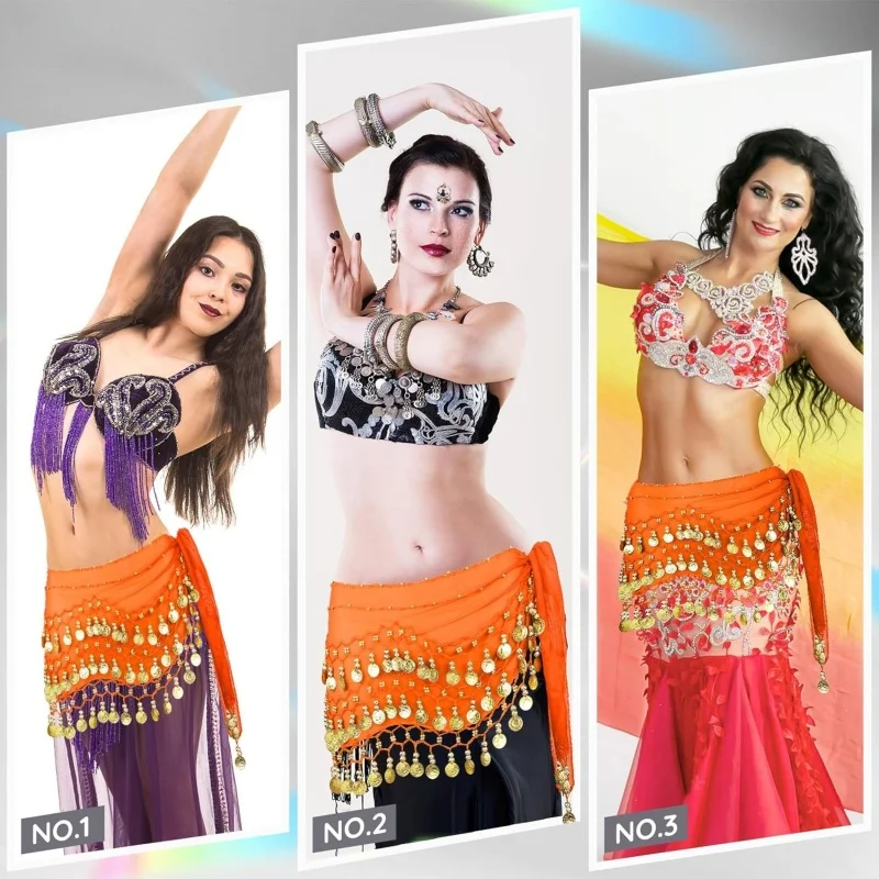 Nova dança do ventre 3 fileiras cinto tom de ouro moedas cinto feminino 140cm lantejoulas borlas chiffon hip cachecol acessórios para cintos de dança do ventre