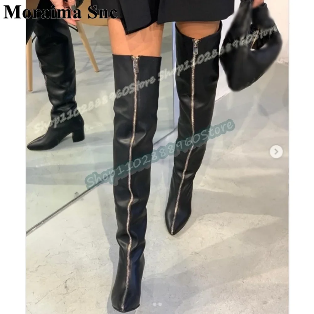 

Over The Knee Black Leather Slim Pointy Boots Thick Heel Shoes For Women Front Zipper Pointed Toe Fashionable Zapatos Para Mujer