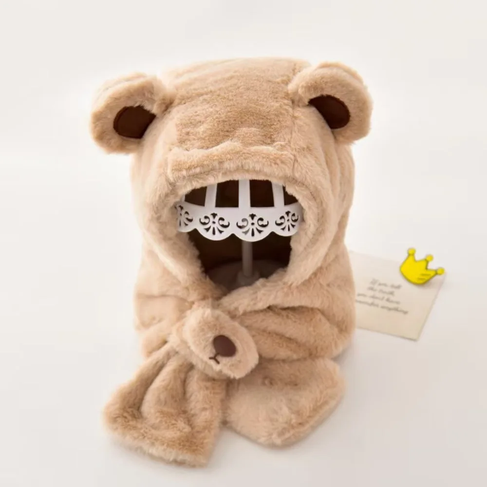 

Warm Solid Color Bear Hat Korean Style Fashion Design Children Fleece Hat Muffler Cartoon Hat with Scarf Baby