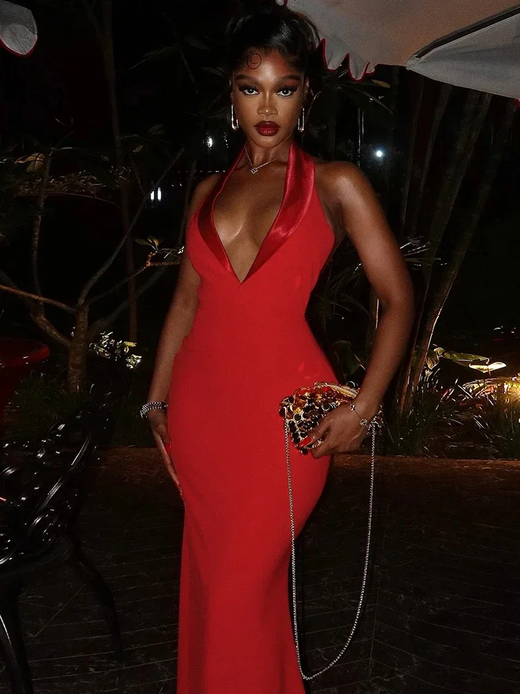 Halter splice feminino maxi vestido atraente elegante decote baixo sem costas bainha vestidos sólido high street senhora robe