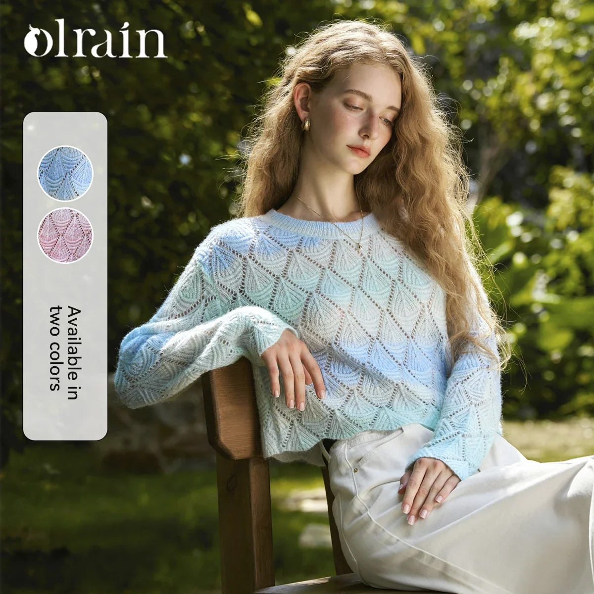 

OLrain Gradient Cropped Pullovers Women 2025 Spring Fashion Wool Blend Hollow O-neck Long Sleeve Lazy Knitwear Tops N56QZ93623