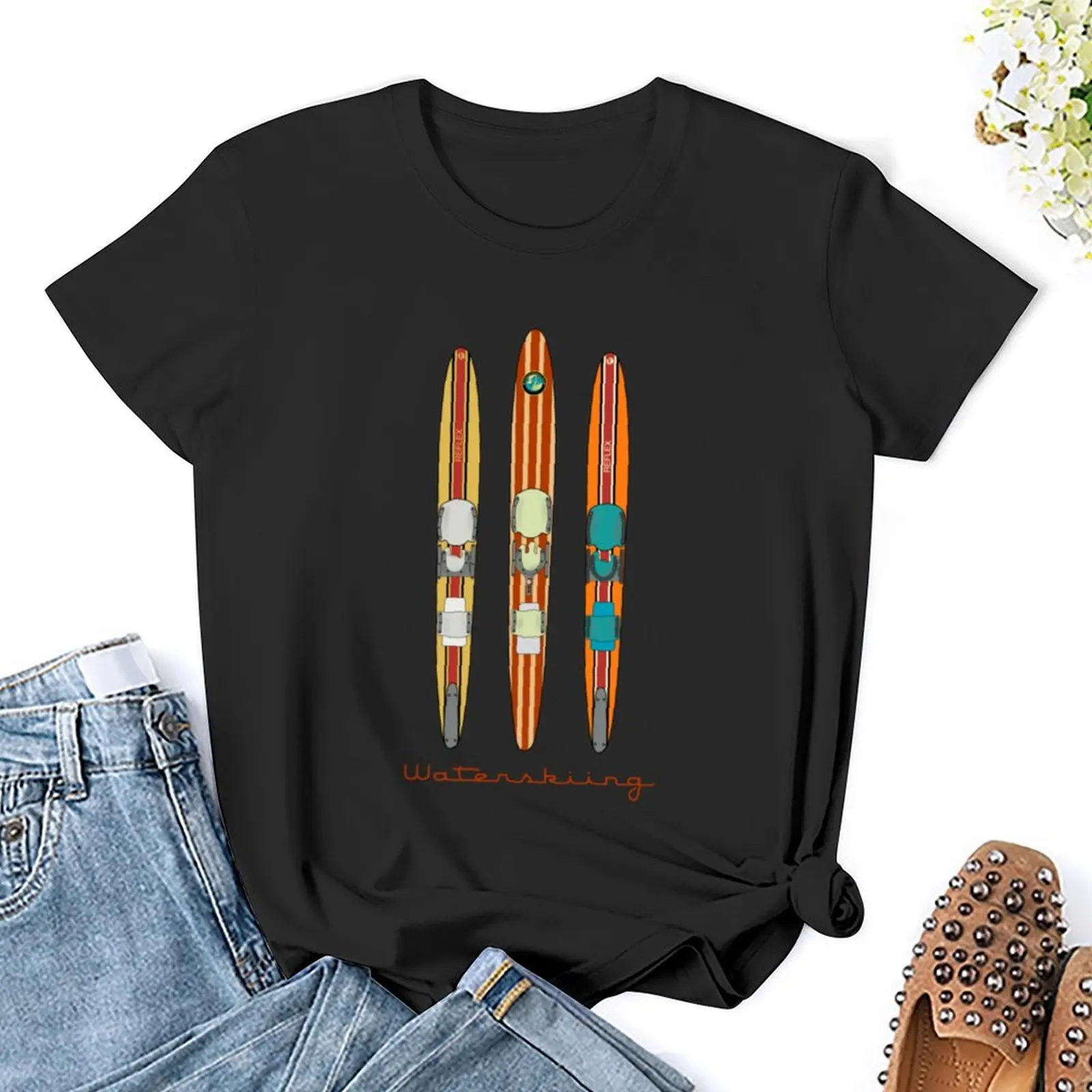 T-Shirt Skis d'Eau Vintage en Bois pour Femme, Vêtements Classiques, Mignons, Esthétiques