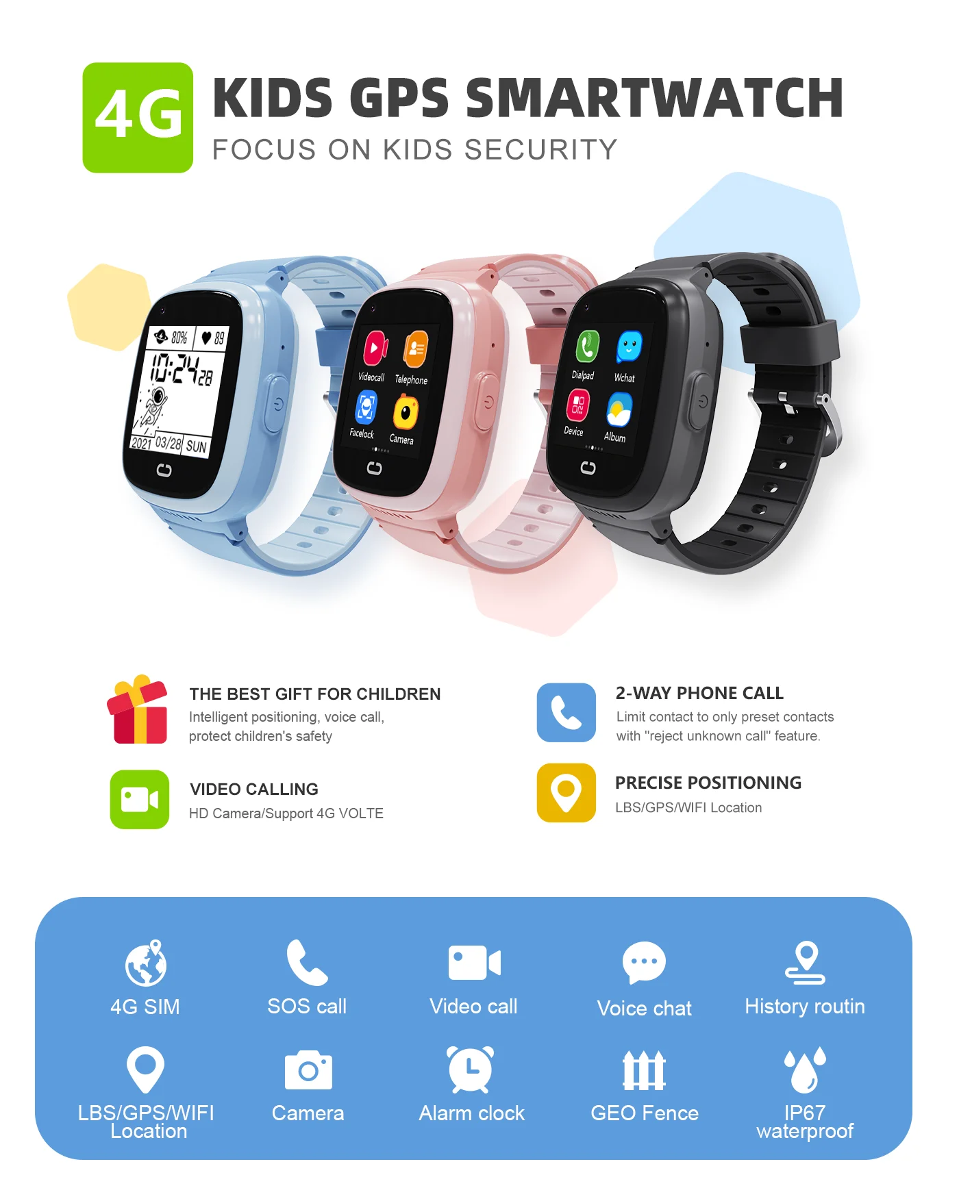 Smart Watch para crianças, GPS, WIFI, Video Call, SOS App Download, Monitor da câmera, Rastreador de localização, Smartwatch infantil, 4G