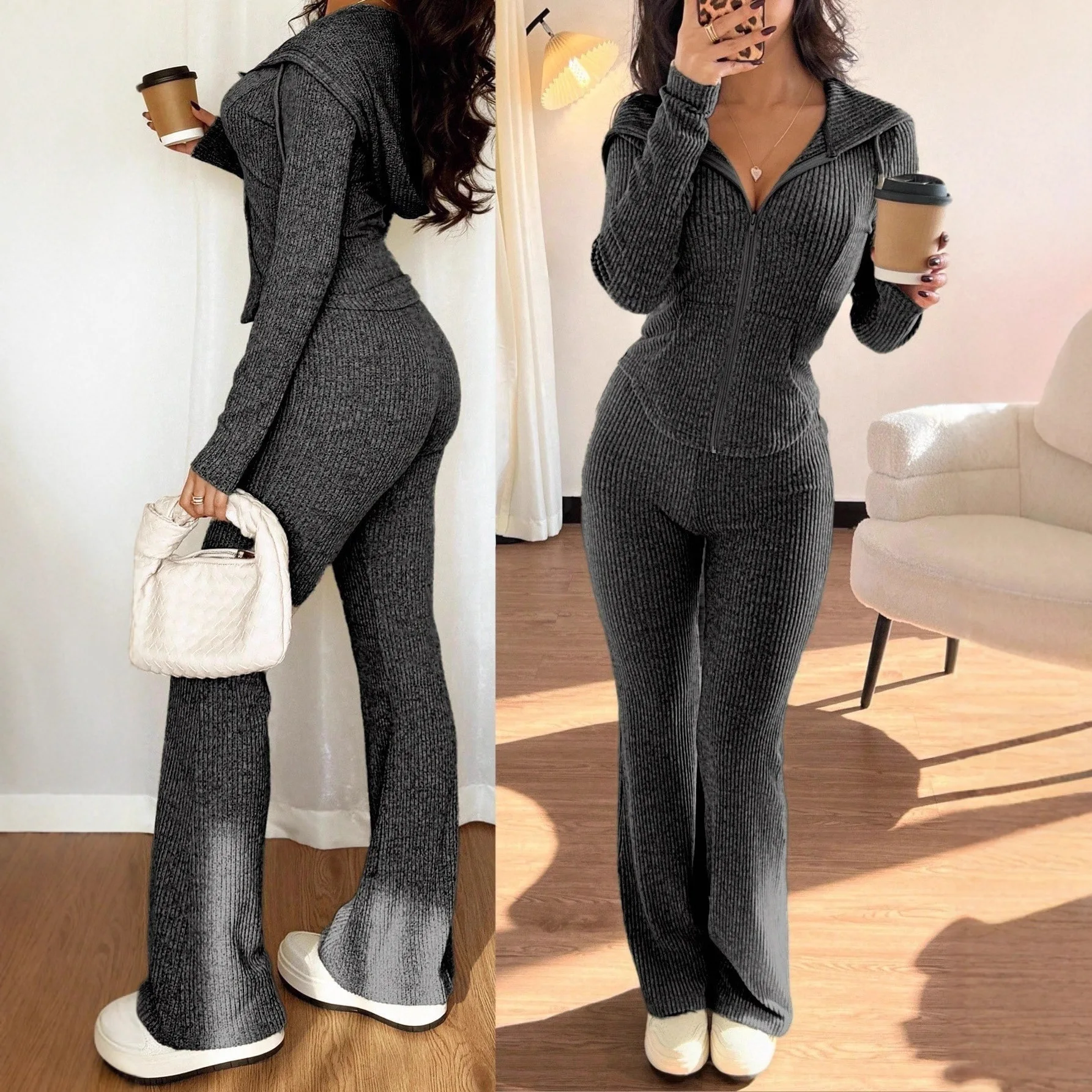 2025 الخريف اليومية بدلة نسائية غير رسمية المألوف بلون سستة سترة مقنعين بنطلون مريح سليم قطعتين مجموعة #4