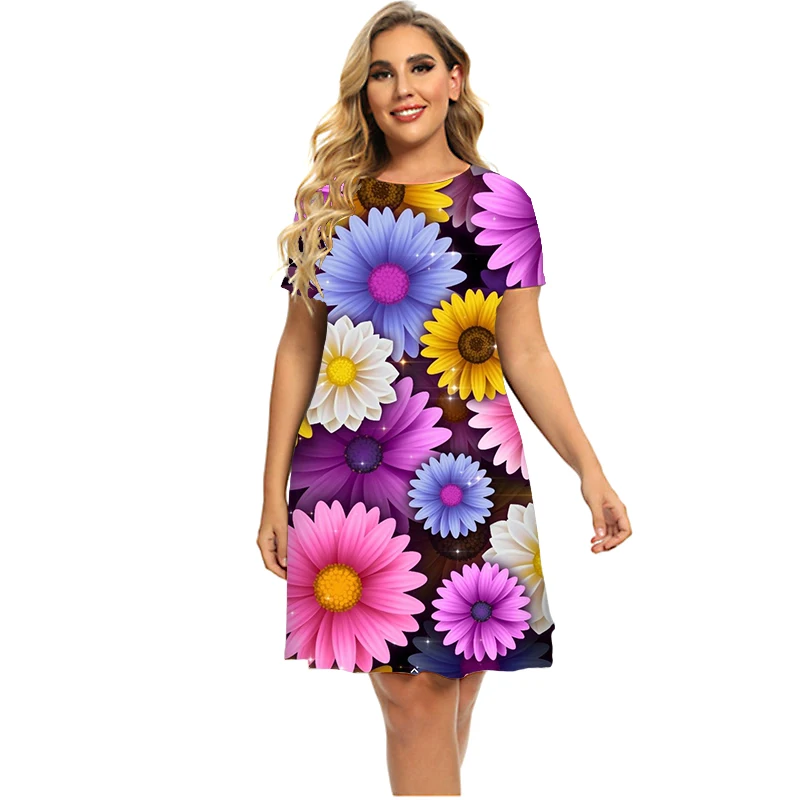 Nieuwe Gradient Plant Bloem Power Daisy 3D Print Jurken Zomer 2023 Vrouwen Hipple Korte Mouw Jurk Mode Kleding Plus Size