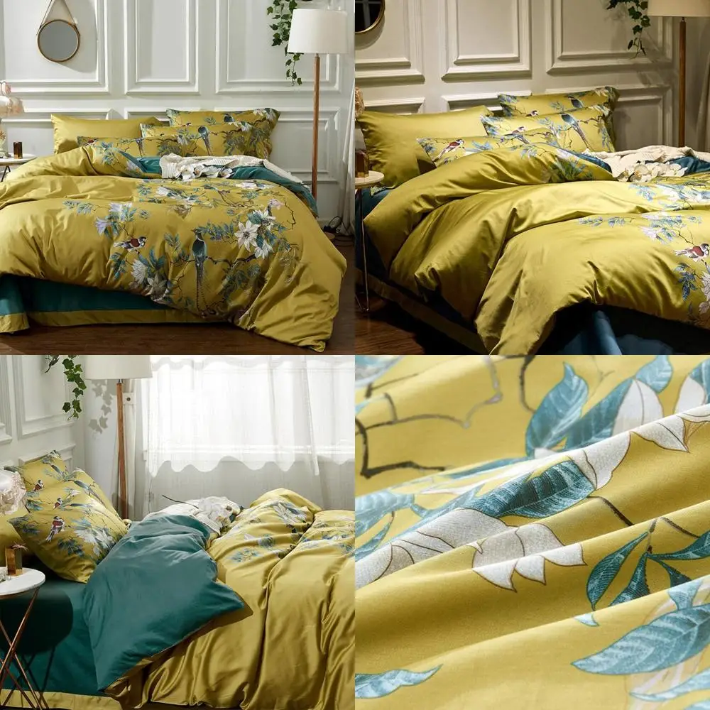 

King Size Bird Flower Pattern Cotton Floral Duvet Cover Set with Zipper Closure, Soft Long Staple Cotton Bedding Comforter Cover