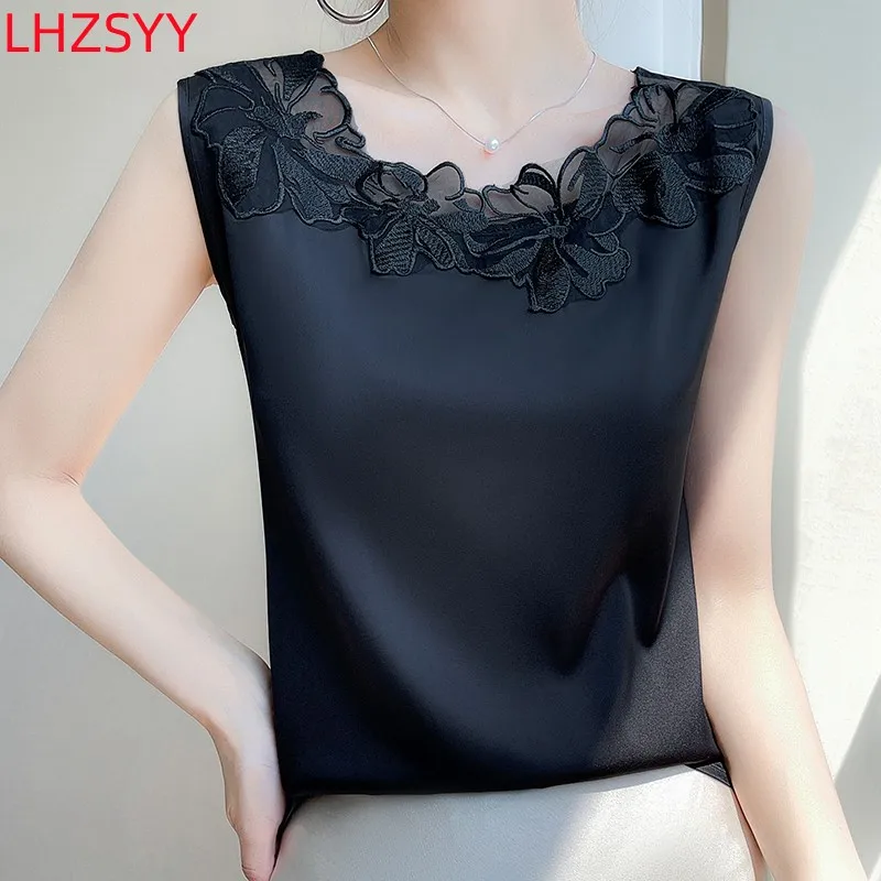 LHZSYY 2024 Lace O-neck Silk Camisole Women Wear Large size Satin Bottoming Shirt Summer Vest Sleeveless Top in Suit Waistcoat