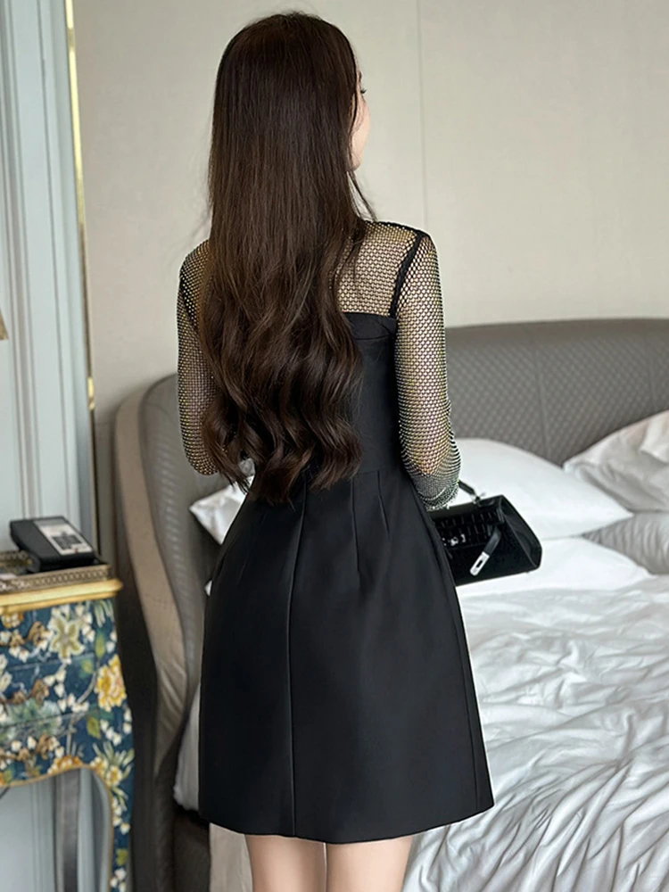 Moda donna lusso nero glitter abiti corti da sera abbigliamento donna sexy cava sottile mini abito da ballo Mujer abiti Fiesta