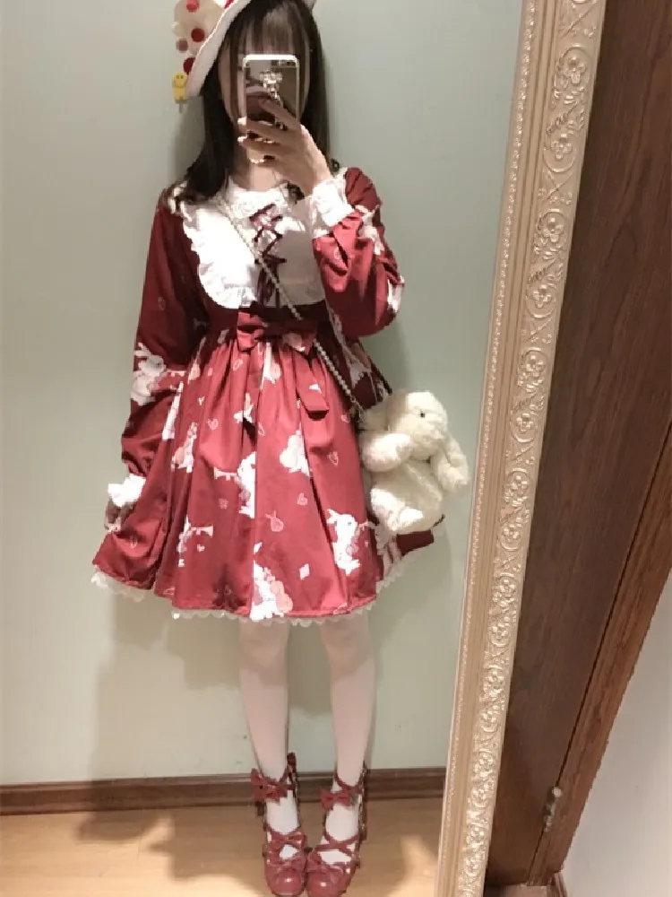 

Japanese Girl Cute Lolita Dress Rabbit Pattern Print Kawaii Op Lolita Dresses Red White Tea Party Lolita Fashion