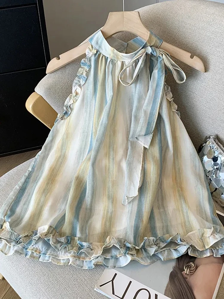 Tie Dye Halter Chiffon Tanks Women Vintage Elegant Bow Sexy Sweet Tanks French Casual Retro Loose Female Ruffles Tops New