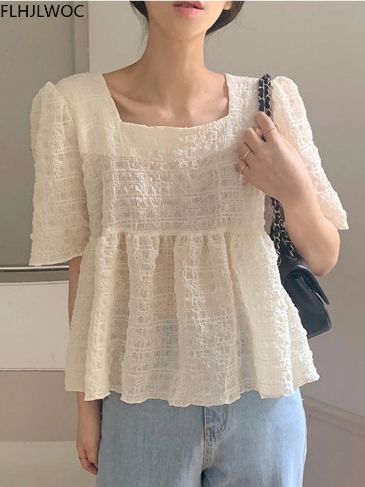 Chic Korea Cute Doll Shirt Women Sweet Japan Girls Semitransparent Vintage Retro Belly Peplum Ruffled Tops Blouse 2022 Summer