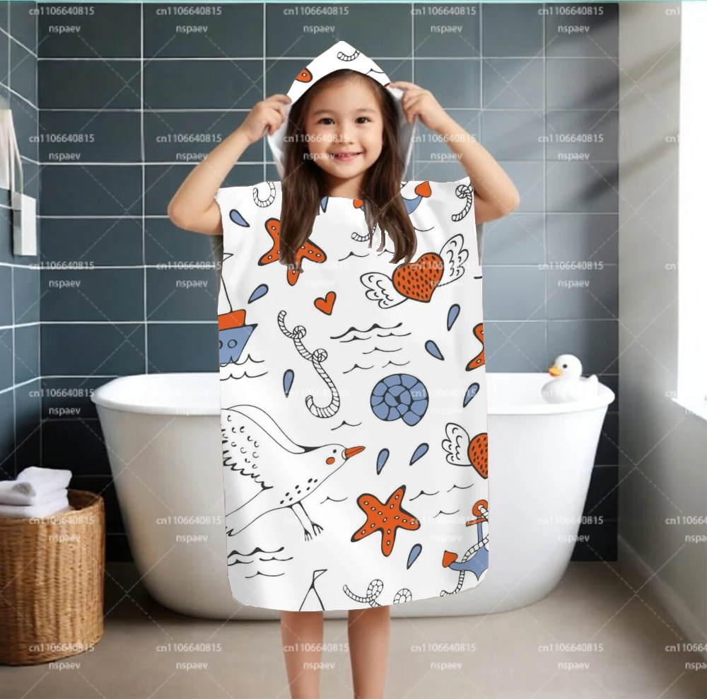 Kids Ocean Seagull & Starfish Hooded Towel Poncho, Microfiber Quick-Dry Bath Robe, Toddler Beach Changing Cover-Up