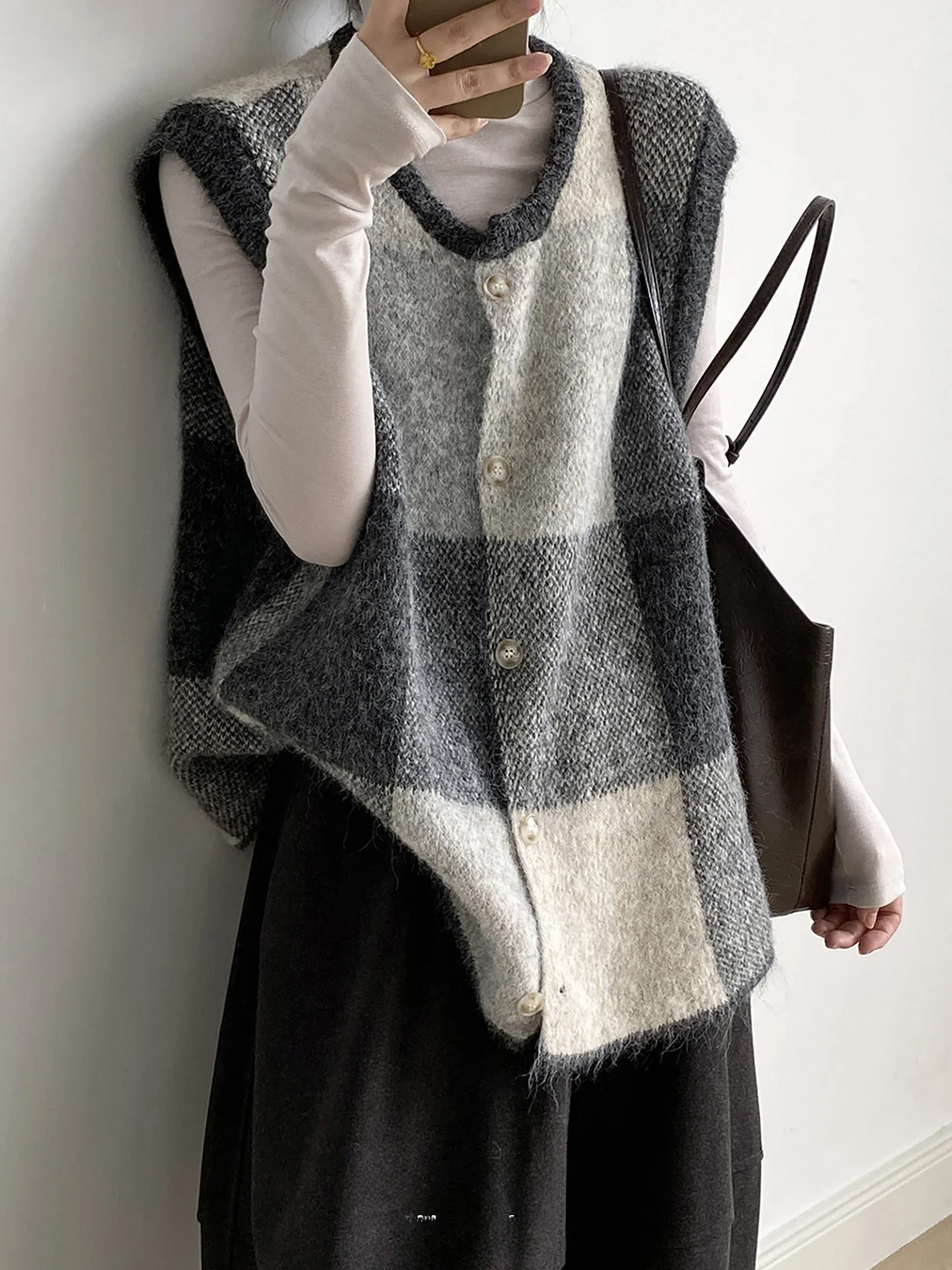 Retro kleur blo geruit gebreid vest dames losse ronde Ne Svel trui vest open vest oulder top