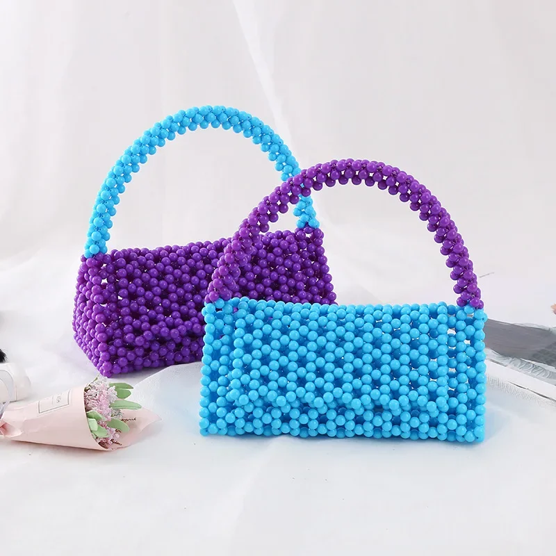 

Fashion Cute Blue Purple Splice Handwoven Women's Bag New Simple Casual Beaded Mobile Phone Handbags for Women Customization