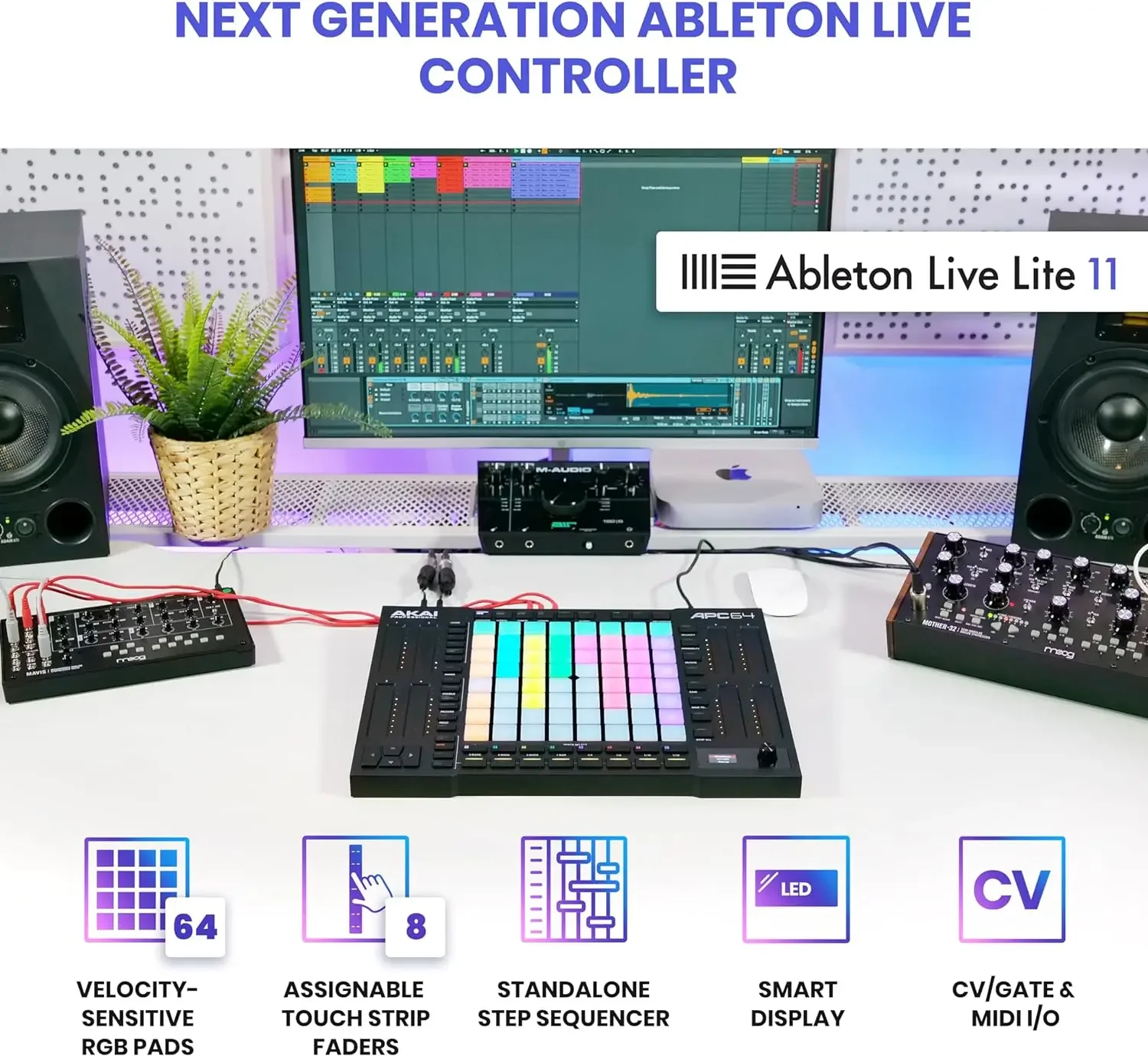 Professional APC64 Ableton MIDI Controller with 8 Touch Strips, Step Sequencer, 64 RGB Velocity-Sensitive Pads, CV Gates