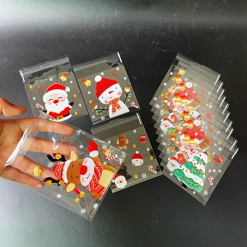 귀여운 산타 크리스마스 트리 패턴 투명 OPP 자체 밀봉 가방, 크리스마스 파티 선물 문구 장식 쿠키 가방, 100 개
