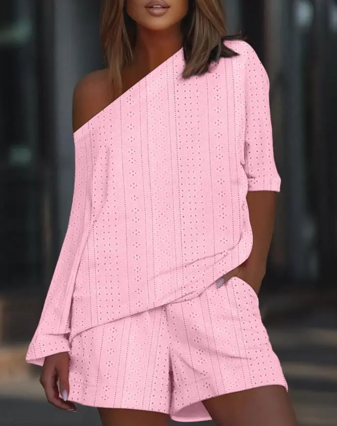 

Women's Suits 2025 Spring Summer Latest 2 Pieces Outfits Jacquard One Shoulder Long Sleeve Top Strechy Waist Pocket Shorts Set